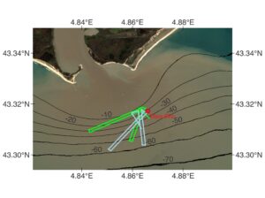 Micro-AUV dives on November 8, 2023, in the Rhone River plume area with the YUCO-OXYG and the YUCO-TURB The background is a L2 Sentinel2-MSI image from the European Spatial Agency Copernicus website (https://browser.dataspace. copernicus.eu/). Isobaths (black lines, labels in meters) originate from the DeltaRhone cruise bathymetry.