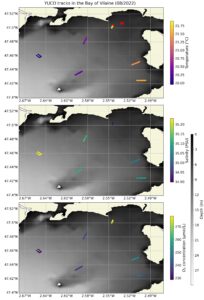 Temperature in °C (top), salinity in PSU (middle) and dissolved oxygen concentration in μmol.L-1 (bottom) measured during dives on August 24, 2022 in the Bay of Vilaine Temperature in °C (top), salinity in PSU (middle) and dissolved oxygen concentration in μmol.L-1 (bottom) measured during dives on August 24, 2022 in the Bay of Vilaine. The red point ’M’ represents the location of the bottom mooring equipped with a dissolved oxygen concentration sensor closest to the Vilaine River.